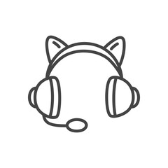 Cute headset icon. Monochrome doodle illustration of headphones with cat ears and microphone, gamer style. Kawaii sticker. Vector 10 EPS.