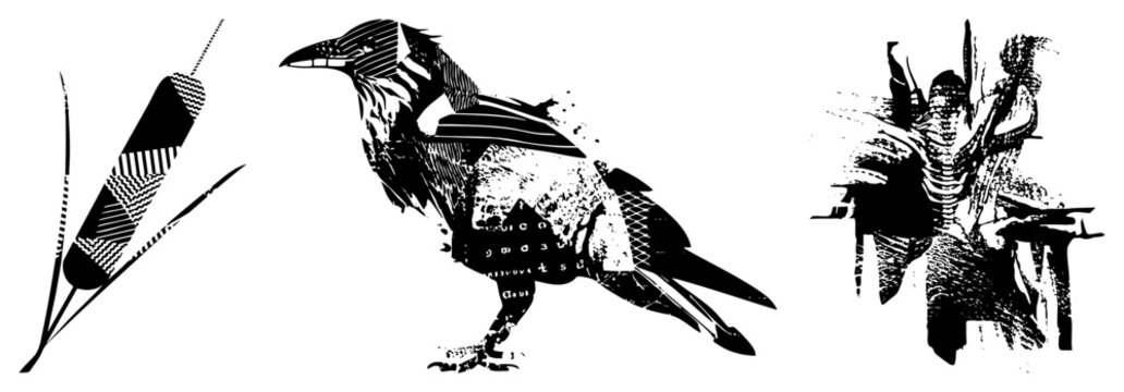 Three stylized black and white vector illustrations of a fishing float, a crow, and a warrior