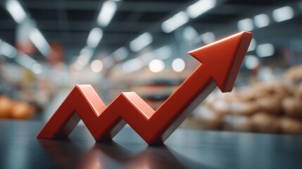 A red arrow pointing upwards is on a table. Concept of growth and progress