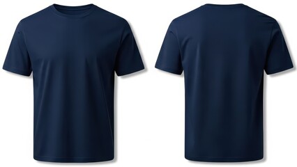 Blank navy blue t-shirt front and back views, isolated on white background.