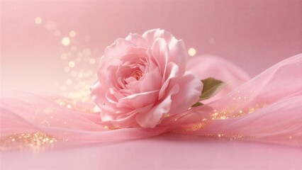 Elegant Pink Rose with Gold Glitter on a Pink Background