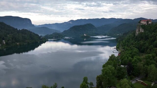 Aerial view of the recreation area at Lake Bled in Slovenia