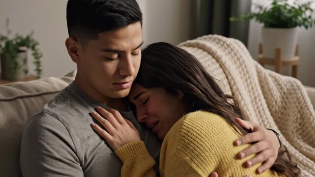 Caring adult man comforting his sad crying woman on a sofa at home. Concept of empathy and emotional support