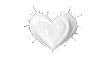 A white liquid splash shaped as a heart, edges jagged, against a black background
