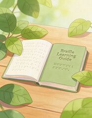 World Braille Day illustration featuring a Braille textbook surrounded by leaves, symbolizing learning, growth, accessibility, and inclusive education in a charming, artistic style