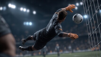 Soccer goalkeeper making a heroic dive, blocking the ball from entering the net during dramatic night a game