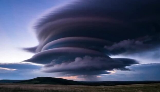 A dramatic storm cloud formation approaches over a serene landscape in a video clip