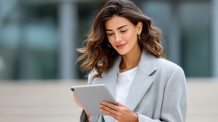 Professional businesswoman using digital tablet, connecting with technology managing outdoors work