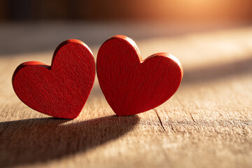 Fototapeta premium two red wooden hearts on weathered wood surface with warm sunlight casting shadows