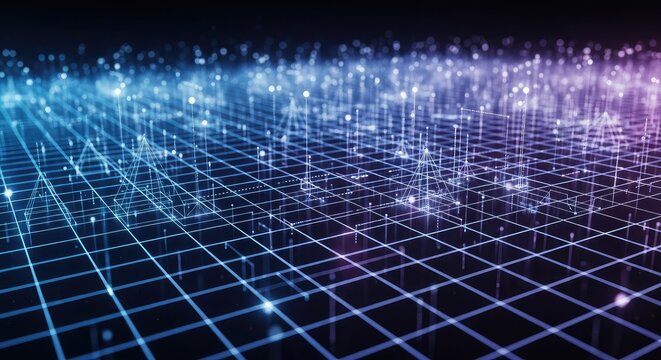 Glowing blue and purple grid pattern with sparkling lights on a dark background, technology concept with futuristic digital mesh, neon color scheme, abstract background - Powered by Adobe