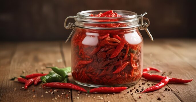 Spicy fermented kim chi in glass jar with sesame seeds and chili peppers on a wooden table,  glass jar,  table setting