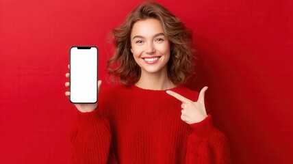 Happy woman presenting new application on white screen device, showing space for text ad online or service