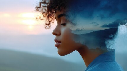 Woman's profile with double exposure showing serene landscape, clouds and sunset light, mind and connecting nature