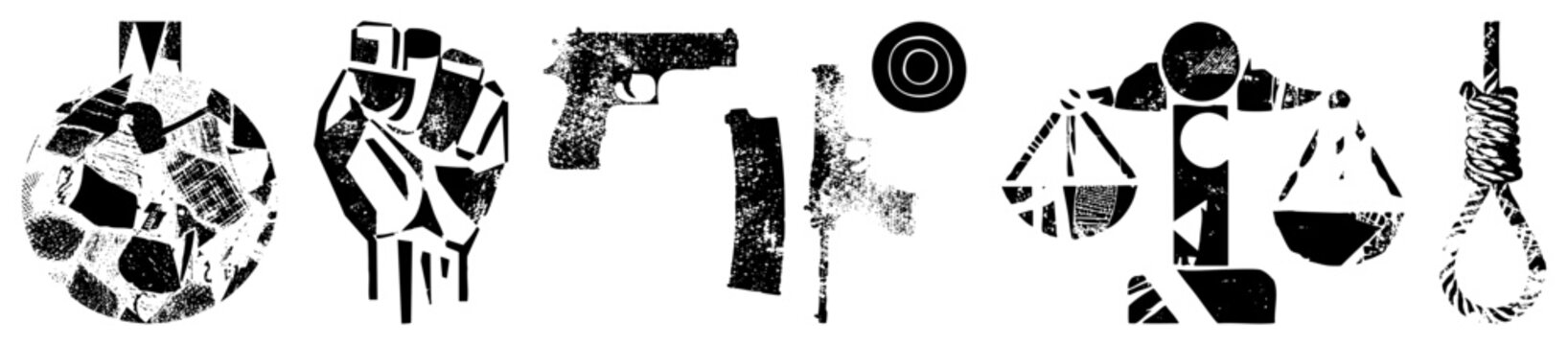 Symbols of violence and justice in fragmented black and white vector style