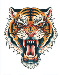 Un tatouage d'une t&ecirc;te de tigre rugissant, gueule ouverte et crocs apparents. Style traditionnel aux couleurs vives, isol&eacute; sur fond blanc