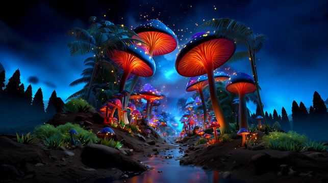 Un monde imaginaire compos&eacute; d'une for&ecirc;t de champignons et de lucioles, travers&eacute;e par un ruisseau