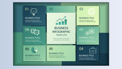 Business infographic template presenting numbered steps, data visualization, and key concepts like ideas, goals, and communication, ideal for corporate presentations or reports