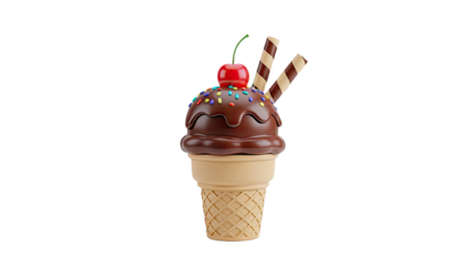 Chocolate Ice Cream Cone with Cherry and Wafer Sticks