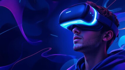 Young man wearing glowing virtual reality headset immersed in futuristic digital metaverse experience