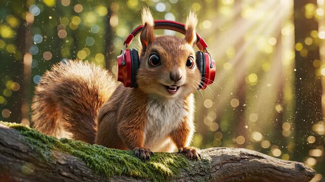 A highly detailed 3D animated cheerful squirrel wearing oversized red headphones gently head-bobs to the rhythm of unseen music in a warm sunlit forest background unseen, red, rhythm