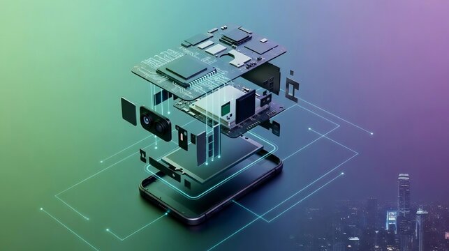 Exploded view of smartphone motherboard with camera module over city skyline and neon circuit lines. Generative AI. 