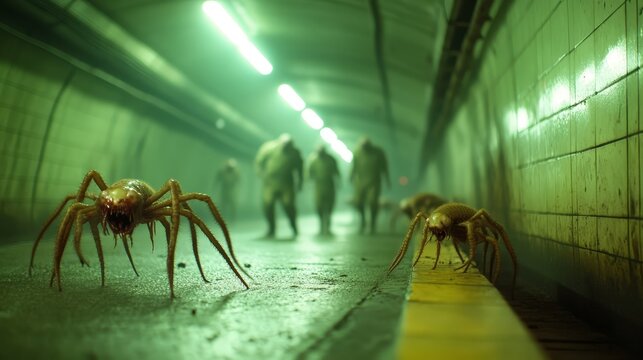In a dark and shadowy tunnel, eerie mutated creatures emerge, juxtaposed with human figures, creating an unsettling narrative that provokes the viewer's imagination.