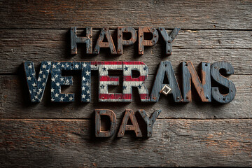 Happy Veterans Day textured letters with American flag pattern on weathered wood