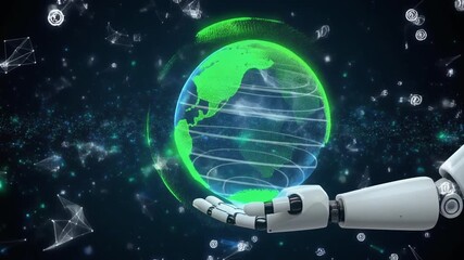 Robotic hand delicately holding a glowing digital holographic projection of the Earth globe representing global technology integration - Powered by Adobe