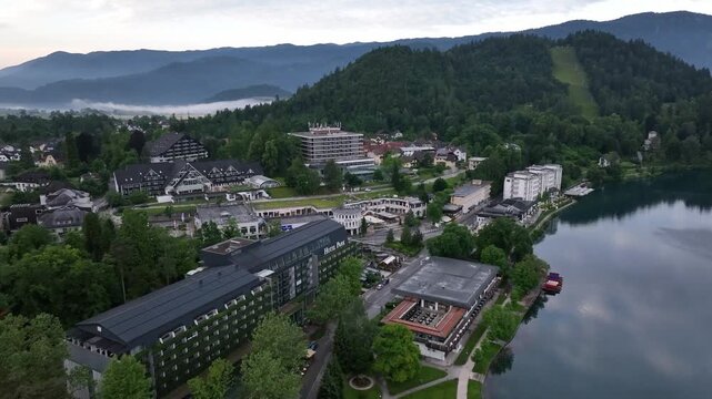 Aerial view of the recreation area at Lake Bled in Slovenia
