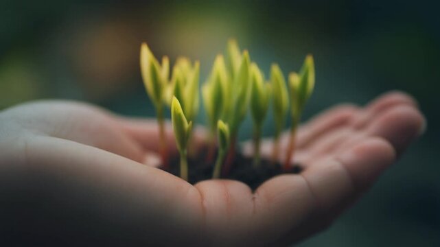 Gentle human hands carefully nurturing a cluster of small green sprouts emerging from dark soil in close-up focus
