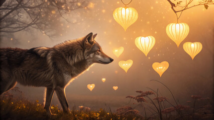 Royal Valentine Background with Gold Tawny Wolf Fur and Velvet Heart Lanterns
