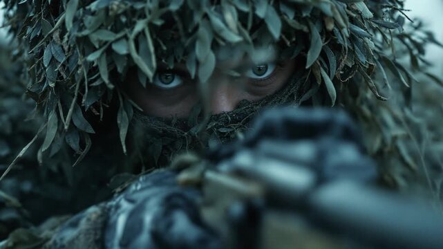 Intense close up of a camouflaged sniper with piercing eyes aiming a rifle through foliage cover