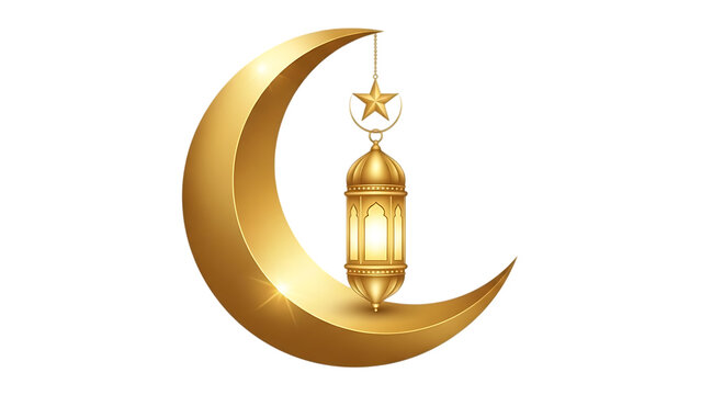 Golden crescent moon and lantern isolated on transparent background for ramadan decorations