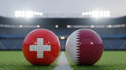 International Football Tournament Match Between Switzerland and Qatar in a Modern Stadium – Professional Soccer Championship Concept with National Flag Balls on Green Grass