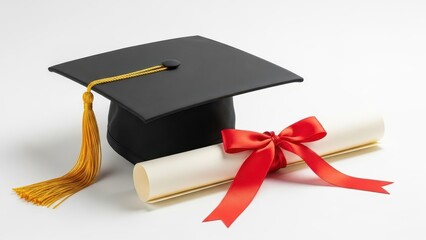 Graduation cap and rolled diploma scroll with red ribbon, isolated on white background