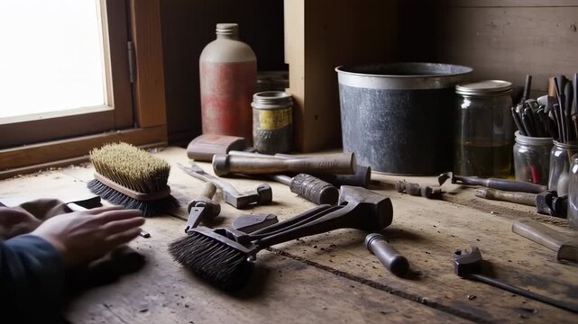 Close-up of craftsman meticulously cleaning and organizing vintage tools on a wooden workbench