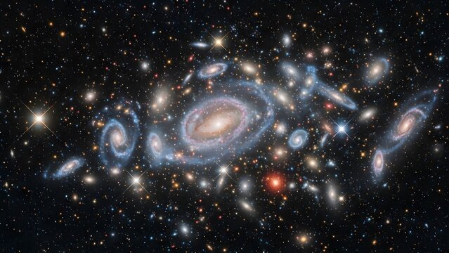 A breathtaking deep-field view of numerous galaxies, including spirals and ellipticals, scattered across the vast expanse of the universe, captured against a starry background.