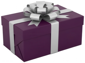 Deep purple gift box with silver ribbon and elaborate puffy bow top angle