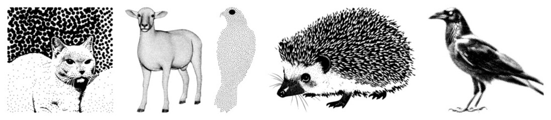 Five animals in dot matrix style
