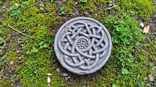 Ornamental stone medallion nestled among verdant moss and greenery landscape