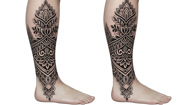 Two legs with intricate black mandala-style tattoos covering the lower leg and ankle on a white background.