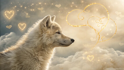 Elegant Love Background in Warm Wolf Fur Tones with Luminous Heart Clouds