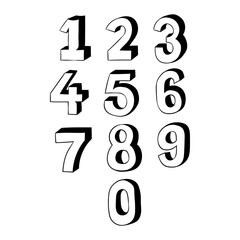 Hand drawn 3D numbers set from 0 to 9 in black and white, bold sketch style typography numbers