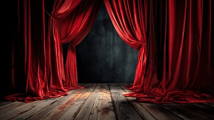 Red velvet curtains on a wooden stage red curtains wooden floor