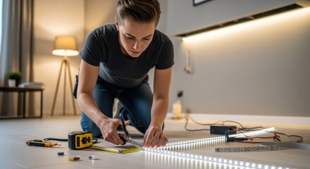 DIY enthusiast measuring and cutting LED strip lights for customfit cove lighting in a contemporary home setting.