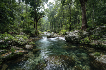 Obraz premium Pristine rainforest stream surrounded by lush greenery and large rocks with clear water flowing gently through tropical forest, creating peaceful and refreshing atmosphere