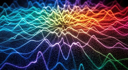 Vibrant rainbow colored waveform pattern with dynamic multicolored lines on dark background, representing energy, technology, and innovation in a futuristic design