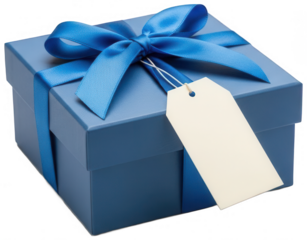 Blue gift box with ribbon and tag on transparent background