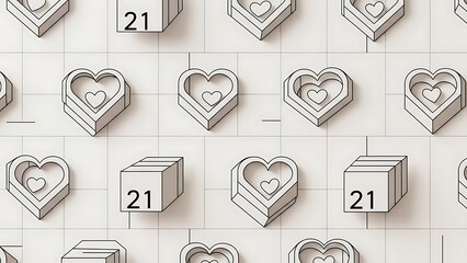 Isometric arrangement of white cubes and heart shapes creating a repeating pattern with the number 21