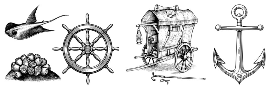 Maritime symbols collection vintage engraved style